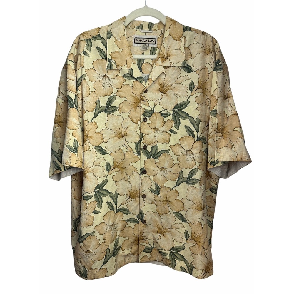 Jamaica Jaxx Hawaiian Shirt 100%‎ Silk Hibiscus Floral Yellow Button Front Sz L